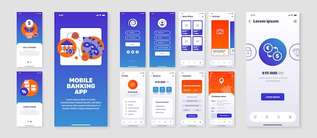 Vector smartphone screens set with user interface of mobile banking application isolated flat