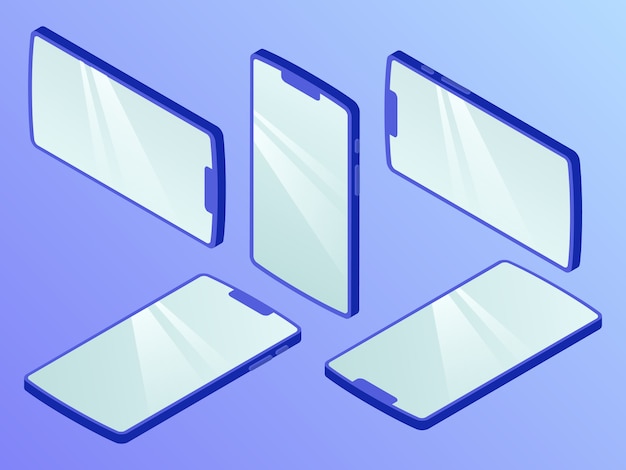 Vector smartphone set collection with various view isometric style