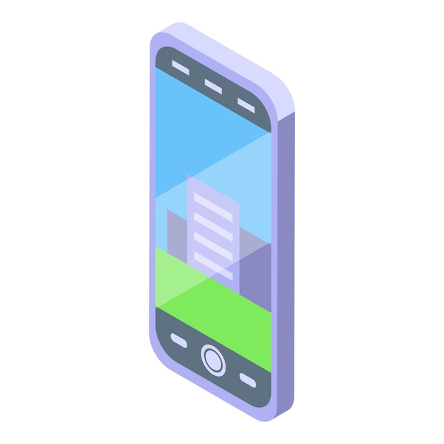 現代的な建物と緑のスペースをイソメトリックビューで示すスマートフォン