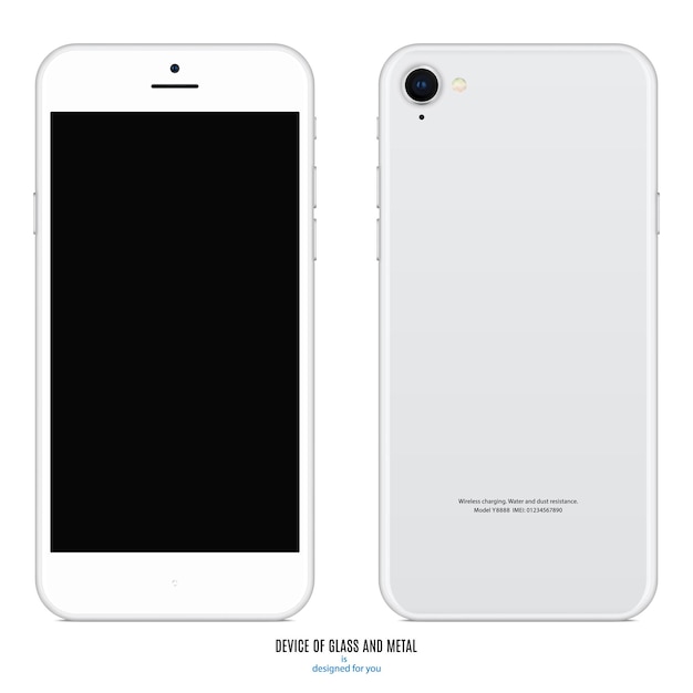 smartphone silver color with black screen and back side on white background