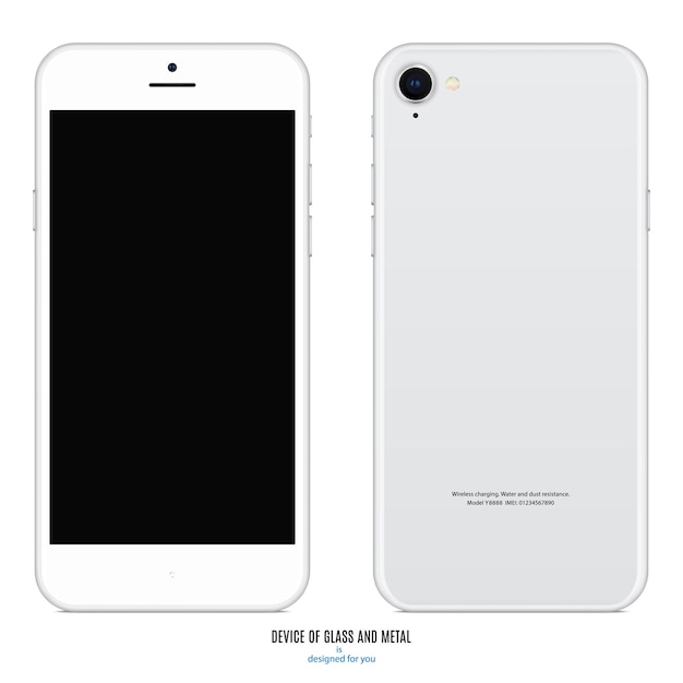 Vector smartphone silver color with black screen and back side on white background