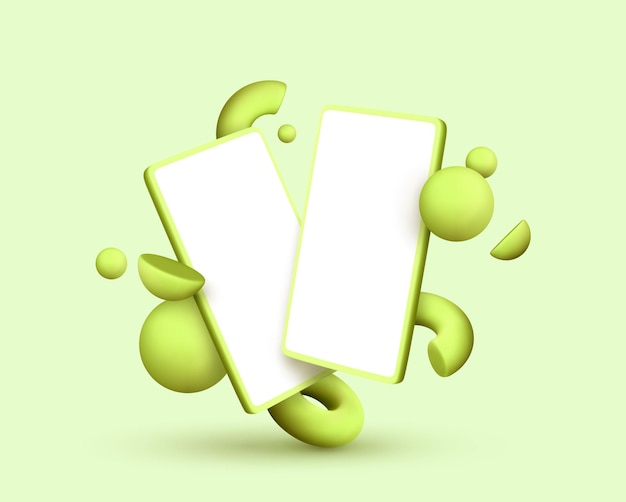 Smartphone Social Media met strakke witte schermranden voor inserts. Groene mobiele telefoon. Realistische 3D geometrische objecten. Vector illustratie