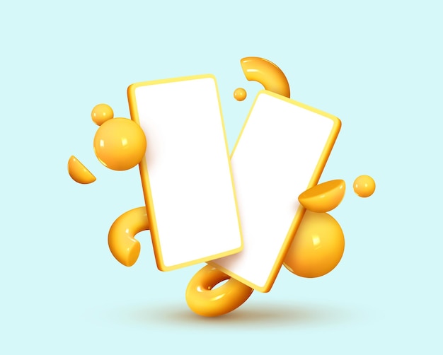 Vettore smartphone social media con bordi dello schermo bianco pulito per inserti. cellulare giallo. oggetti geometrici 3d realistici. illustrazione vettoriale