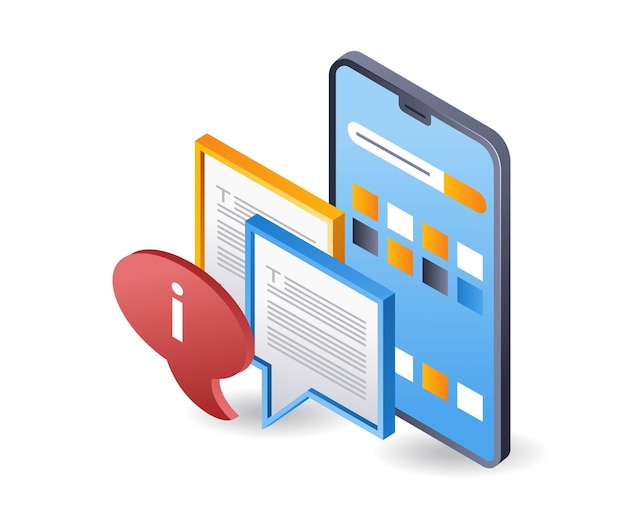 Smartphone sociale media conversatie applicatie infographic 3d platte isometrische illustratie