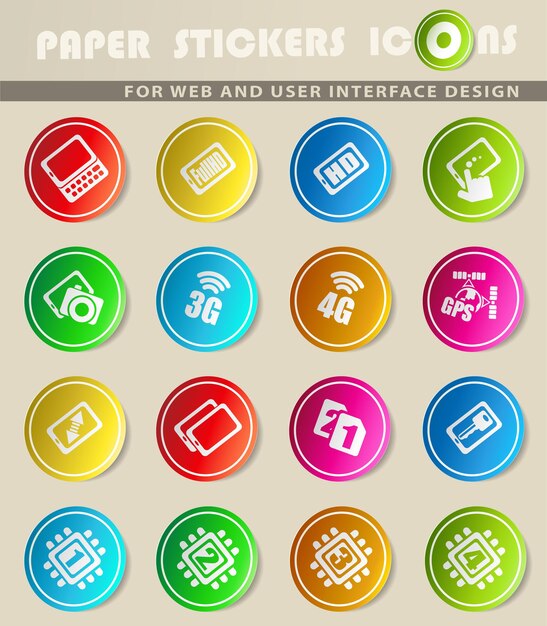 Smartphone, specifications and functions vector icons on colored paper stickers