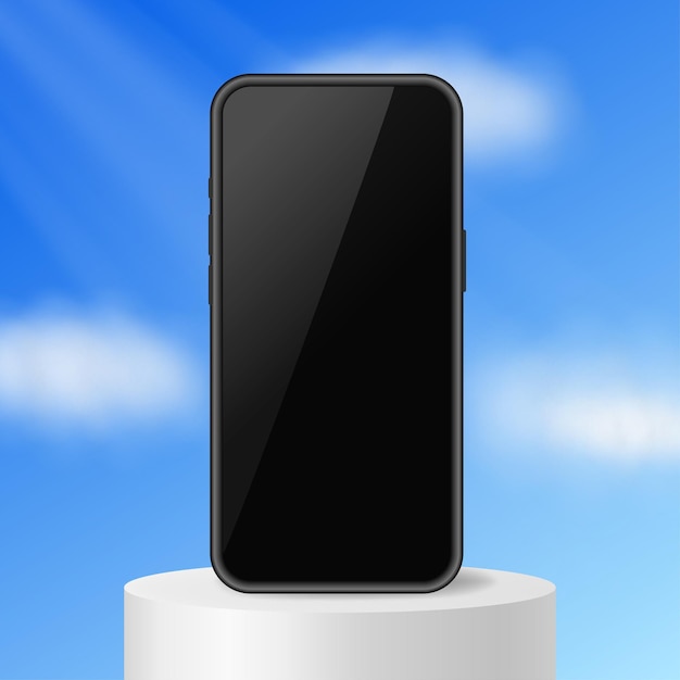 Smartphone in piedi su un podio bianco modello di schermo nero nuvole blu e luce display del telefono