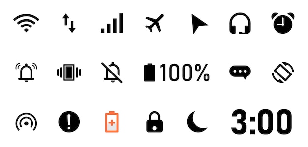 Smartphone statusbalk pictogrammenset Set van alle essentiële meldingsbalk pictogrammen wifi internet roteren
