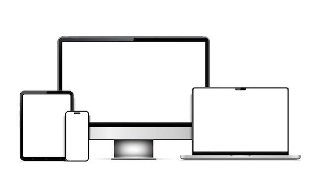 Смартфон, планшет, ноутбук и компьютерный монитор с пустым экраном