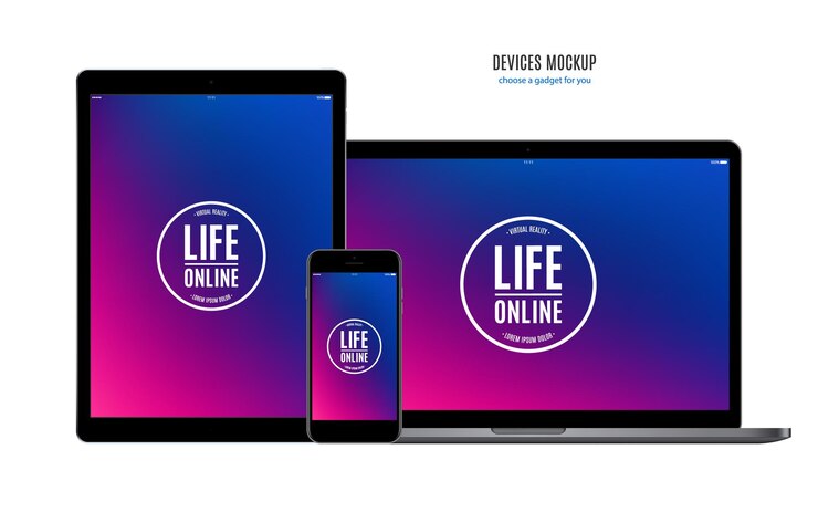 Vector smartphone tablet and laptop with multicolor screen isolated on white background mockup devices