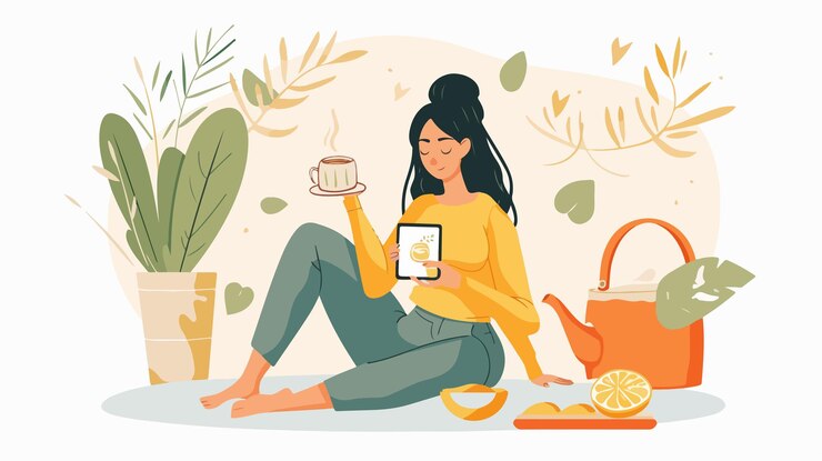 Vector smartphone tea time modern woman with teapot concept