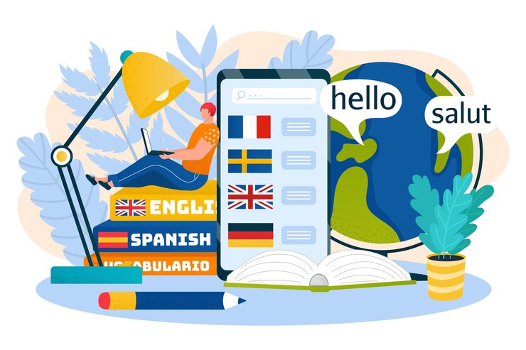 Vector smartphone technology for study language online, vector illustration. flat man character sit at books, internet education for foreign communication. male person learn knowledge at laptop.