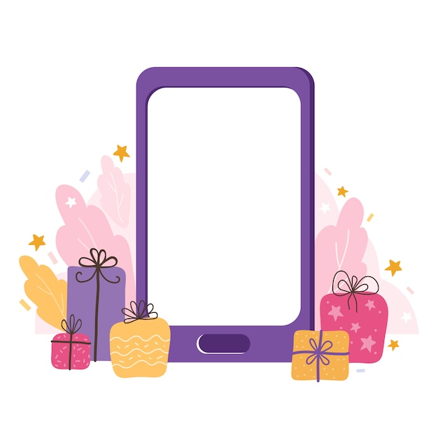 Vector smartphone template with an empty screen on a holiday background.mobile phone mock up with gifts, stars, and streamers.  flat illustration of touch screen with blank interface. holiday online