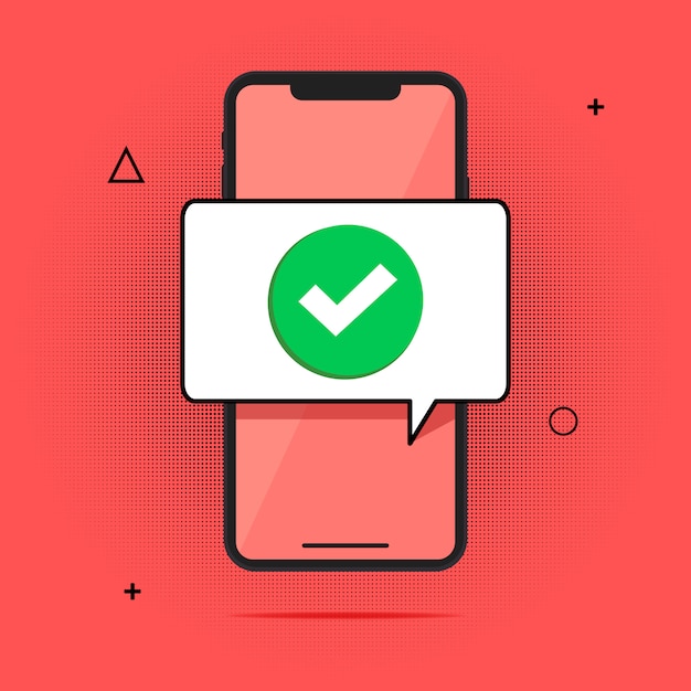 Смартфон и галочка, плоский мультфильм мобильный телефон утвержден сообщение тикер иллюстрация