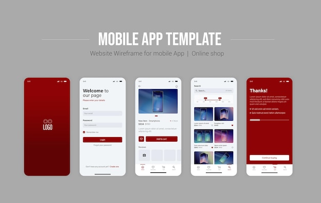 smartphone ui app phone screens for shop application mobile interface with account login and shop