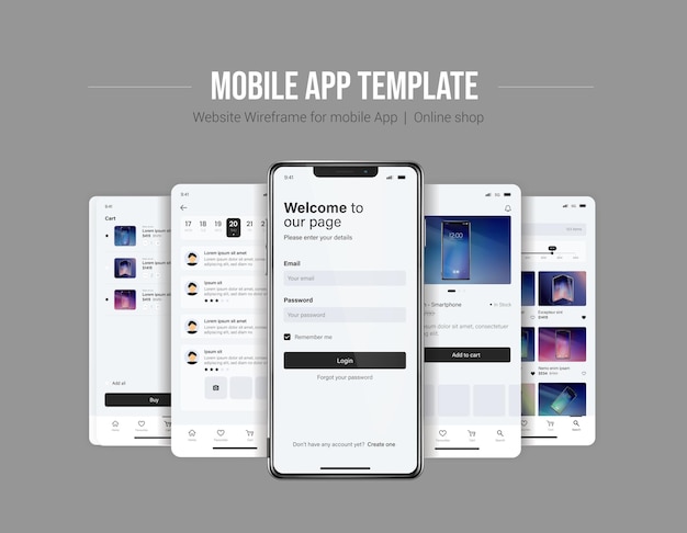 smartphone ui app phone screens for shop application mobile interface with account login and shop