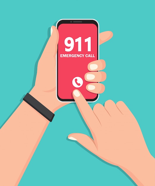 Smartphone van de handholding met alarmnummer 911 op het scherm in een vlak ontwerp