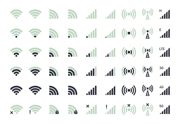 Smartphone wifi pictogrammen Mobiele telefoon indicatoren geen signaal 5G en LTE wifi signaalsterkte niveaus platte vector illustratie set