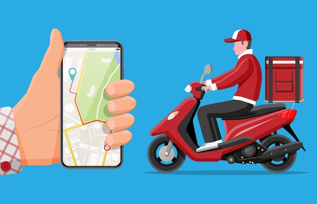 Smartphone con app e uomo in sella a uno scooter con la scatola concetto di consegna veloce in città corriere maschio con cassetta dei pacchi sulla schiena con merci e prodotti illustrazione vettoriale piatta del fumetto