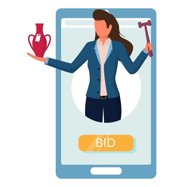 Vector smartphone with auctioneer holding gavel, vase. online auction, internet bidding from mobile phone, vector illustration.