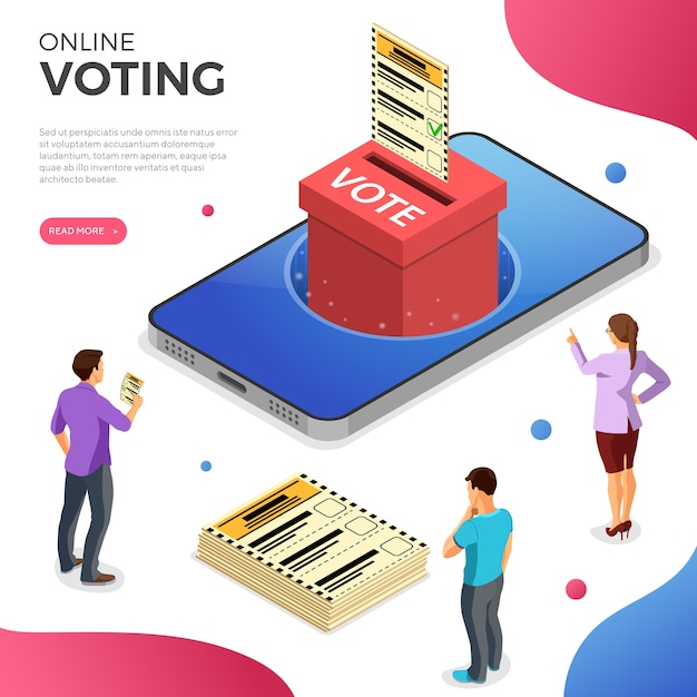 Vector smartphone with ballot box, voter and ballot paper. internet online electronic voting concept. isometric icons. landing page template. isolated