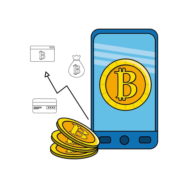 Smartphone con bitcoin all'interno e icone all'esterno