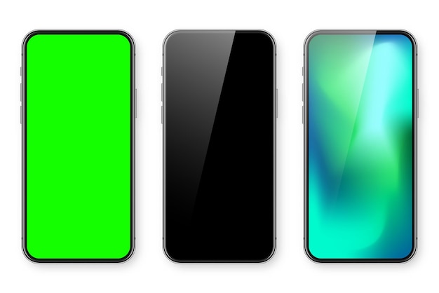 Smartphone with blank touch screen and abstract colorful wallpaper green chroma key background