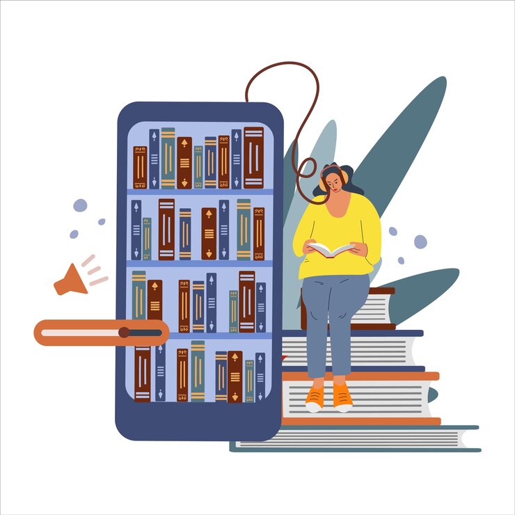 Vector a smartphone with books on the shelves the concept of elearning audiobook library