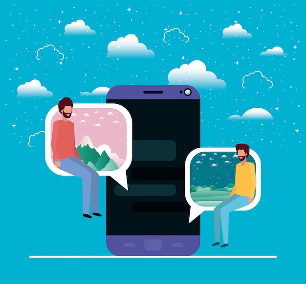 Vector smartphone with couple seated in speech bubble