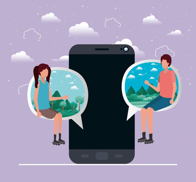 Smartphone con coppia seduti nella nuvoletta