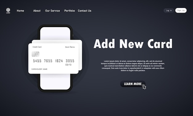 Smartphone with credit card banner. Add new card. Mobile online contactless payment concept. Banking financial service on internet. 