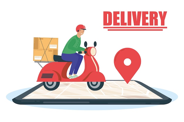 Smartphone with delivery worker in motorcycle and lettering  illustration design