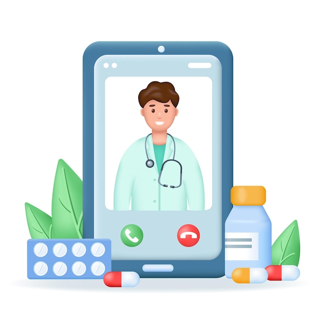 Smartphone with doctor on screen and medicines Online Healthcare and medicine and consultation 3d