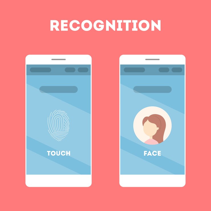 Vector smartphone with a face recognition and fingerprint scanner. mobile app for biometric identification. idea of modern technology and progress.   illustration