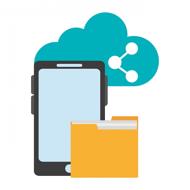 Vettore smartphone con cartella e cloud computing