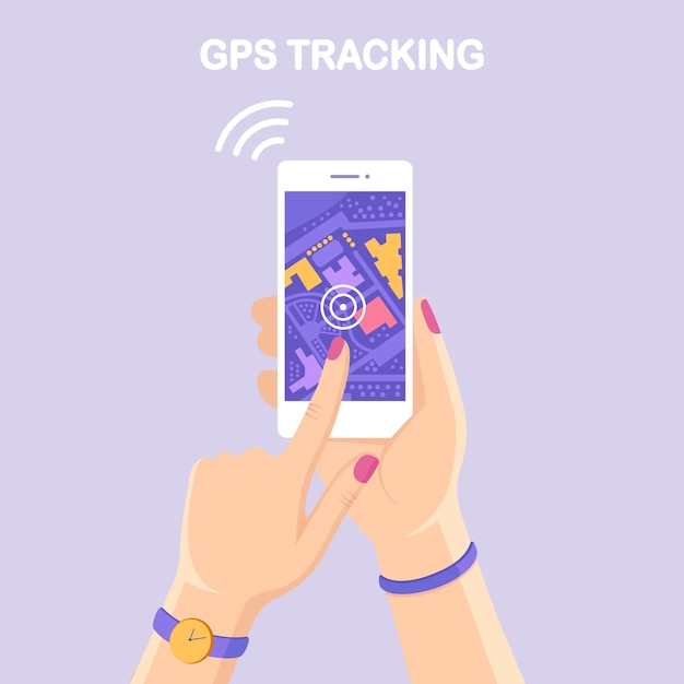 Gps 네비게이션 앱, 추적 기능이있는 스마트 폰. 지도 애플리케이션이있는 휴대 전화