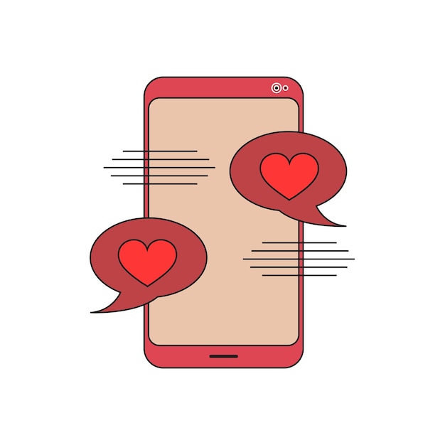 Vettore smartphone con emoji di cuore in parola bolla sullo schermo che invia il concetto di messaggio d'amore