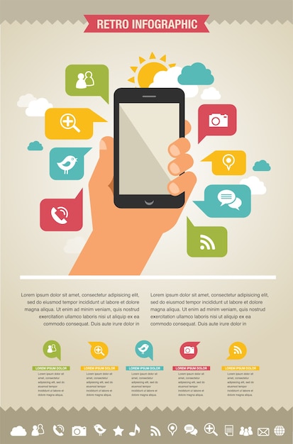 アイコン付きのスマートフォン。インフォグラフィックとウェブサイトの背景