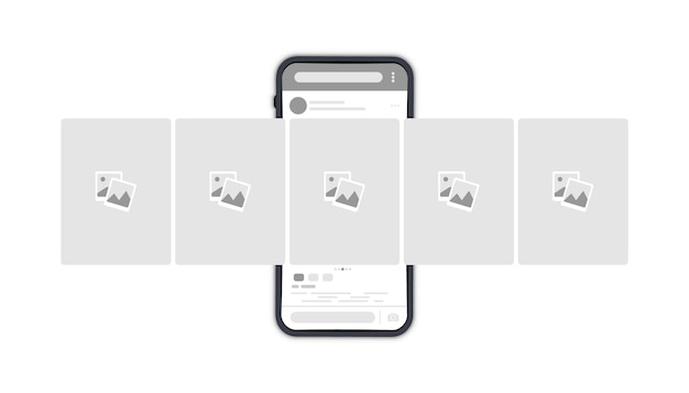 Vettore smartphone con interfaccia a carosello posta sui social network. modello di mockup del telefono. storia dei social. illustrazione vettoriale di stile piatto moderno. post di storie online, chat di commento, banner di annunci carosello