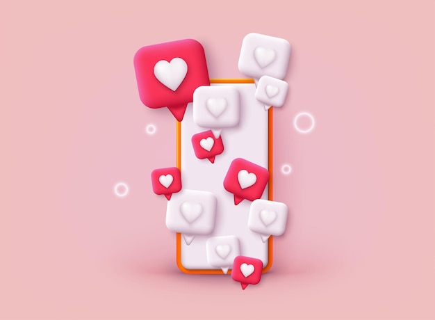 smartphone with like notification icon 3d web vector illustrations