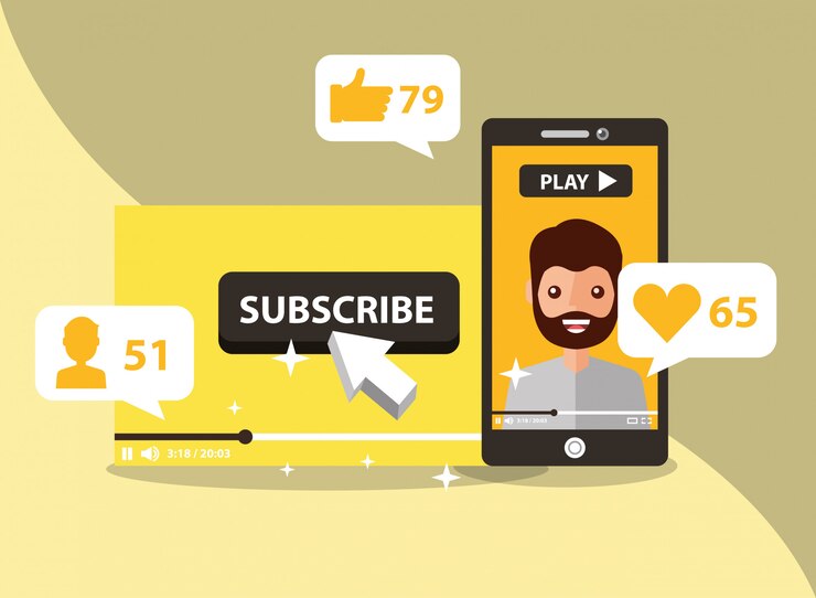 Vector smartphone with man on screen subscribe popular channel
