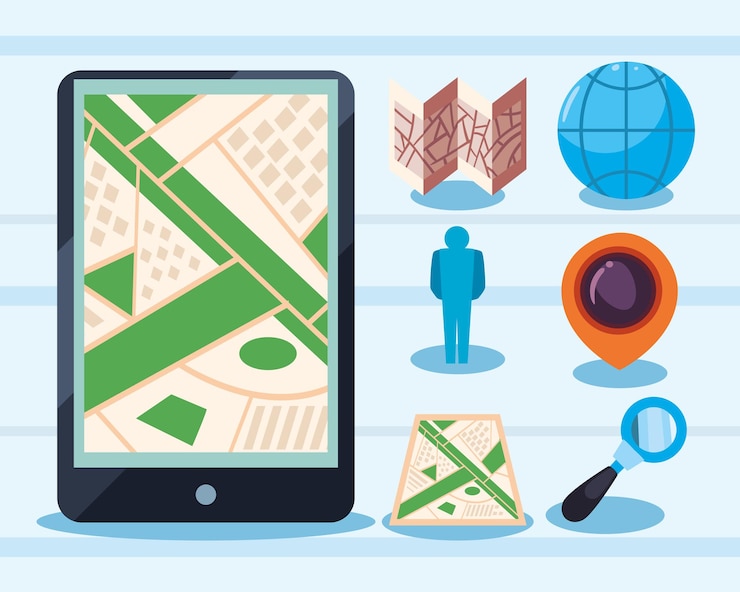 Vector smartphone with map and location icons