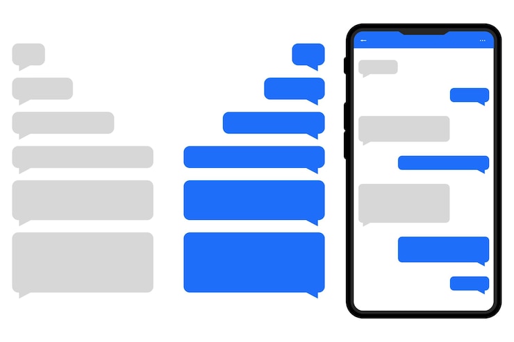 Вектор смартфон с мессенджером на экране. шаблоны чата, сообщения, речевые пузыри в плоском стиле