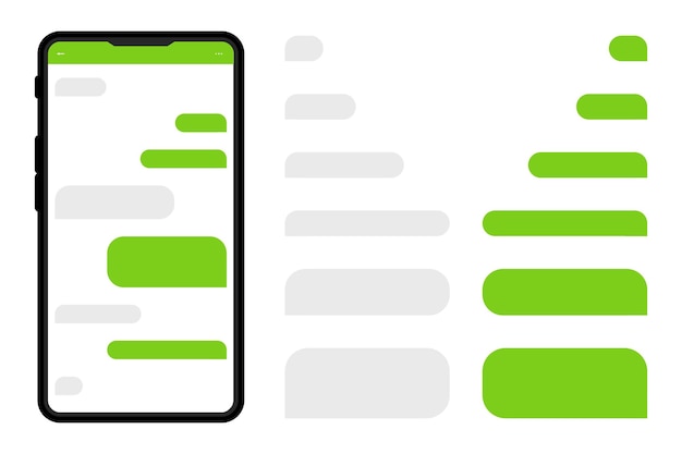 smartphone with messenger chat on screen. chat templates, message, speech bubbles in flat style