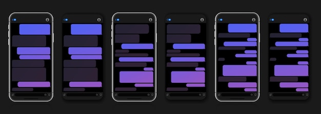Vettore smartphone con schermata di chat messenger e modello di bolle sms con onde vocali per la composizione di dialoghi illustrazione vettoriale moderna in stile piatto su sfondo nero