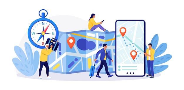 ルートを表示するナビゲーターアプリ付きスマートフォン gps ナビゲーション 人物 ツアーを計画する ルートを検索する 旅行先を選択する コンパス ジオタグ付き電子地図