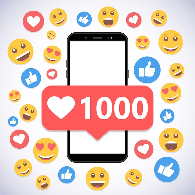 Смартфон с уведомлением 1000 лайков и улыбкой для соцсетей