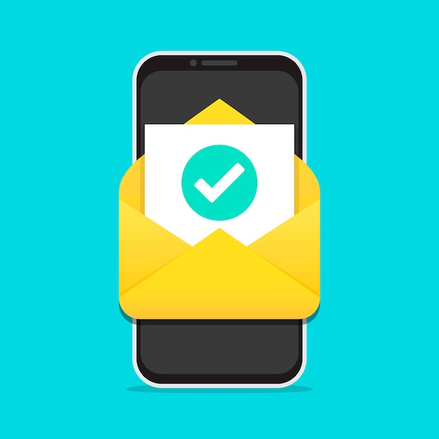 Smartphone with open email message with tick in a flat design