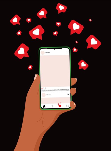 Vector a smartphone with an open page on a social network in a darkskinned hand