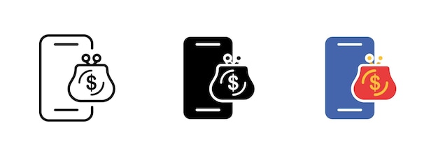 A smartphone with a wallet icon representing mobile payments and digital banking Vector set of icons in line black and colorful styles isolated