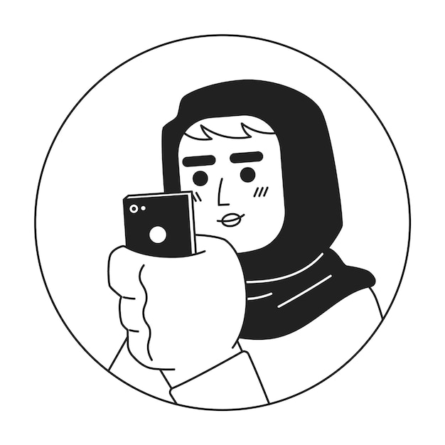 Smartphone woman arab hijab black and white 2D vector avatar illustration Phone scrolling muslim girl outline cartoon character face isolated Mobile internet user headscarf female flat portrait